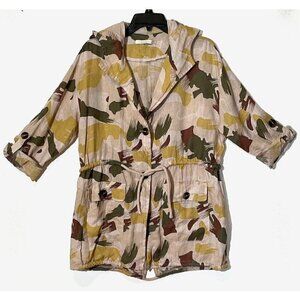 BACI 100% Linen Beige Printed Roll Tab Sleeve Boho Hooded Jacket - ITALY